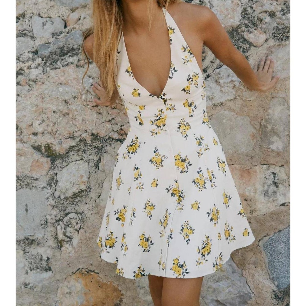 Zara Floral Halter Neck Mini Dress Cream Yellow Button Front Open Back New M